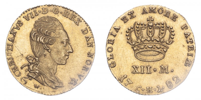 DENMARK. Christian VII, 1766-1808. Gold 12 Mark / Kurantdukat, 1782 CHL, 3.12 g....