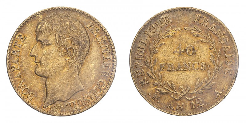 FRANCE. Napoleon I, 1804-14, 1815. 40 Francs, An 12 (1803) A, Paris, 12.90 g. Fr...
