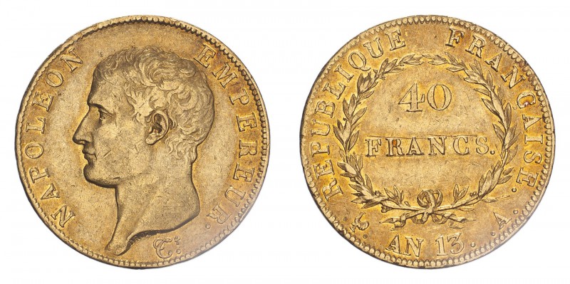 FRANCE. Napoleon I, 1804-14, 1815. 40 Francs, An-13 A (1804), Paris, 12.90 g. KM...