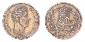 FRANCE. Charles X, 1824-30. 40 Francs, 1824 A, Paris, 12.90 g. Fr-547; Gad-1105; F-544; KM-721. 
Bare head of Charles X facing right, legend reads CHA...