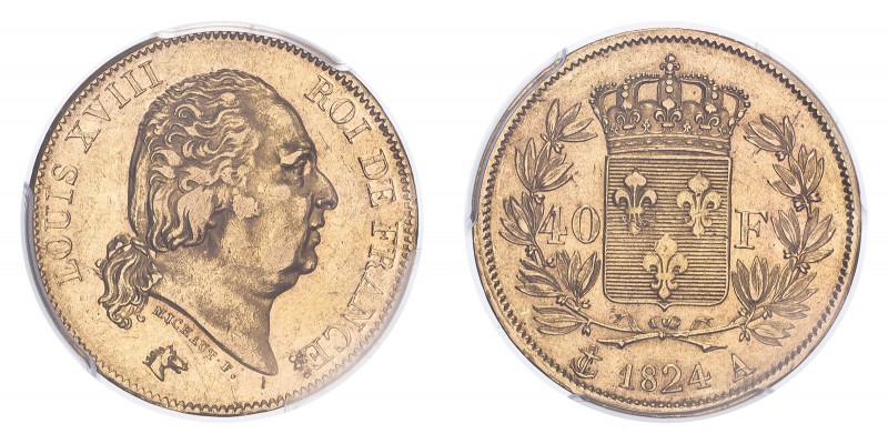 FRANCE. Louis XVIII, 1814-15, 1815-24. 40 Francs, 1824 A, Paris, 12.90 g. Fr-532...
