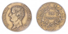 FRANCE. Napoleon I. 20 Francs, An 12 A (1803), Paris, 6.45 g. Fr-480; Gad-1020; KM-651. 
Bare head of Napoleon facing left, engravers signature below,...