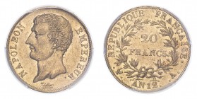 FRANCE. Napoleon I. 20 Francs, An 12 A (1803), Paris, 6.45 g. Fr-487; Gad-1021: KM-661. 
Bare head of Napoleon facing left, engravers signature below,...