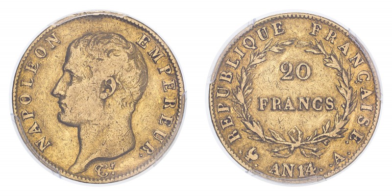 FRANCE. Napoleon I. 20 Francs, An 14 A (1805), Paris, 6.45 g. Fr-487a; Gad-1022;...