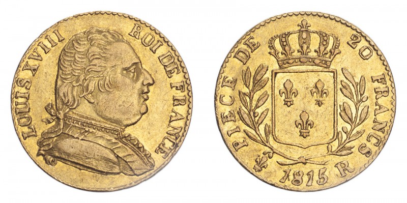 FRANCE. Louis XVIII, 1814-15, 1815-24. 20 Francs, 1815 R, London, Scarce. 6.45 g...
