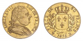 FRANCE. Louis XVIII, 1814-15, 1815-24. 20 Francs, 1815 R, London, Scarce. 6.45 g. Fr-531; Gad-1027; KM-706.7. 
Uniformed bust of Louis XVIII facing ri...