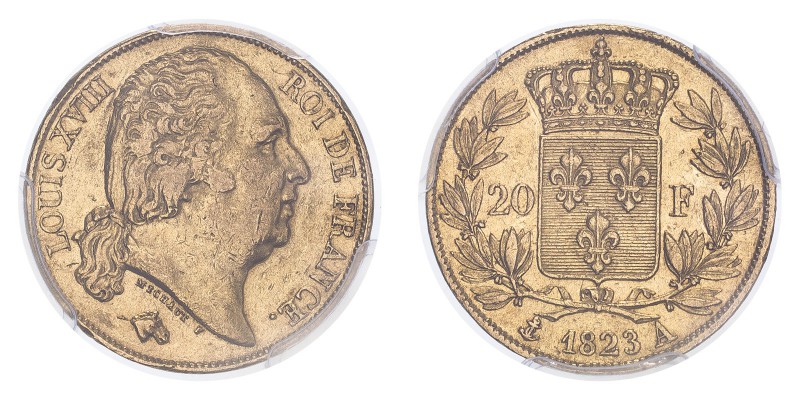 FRANCE. Louis XVIII, 1814-15, 1815-24. 20 Francs, 1823 A, Paris, 6.45 g. Fr-538;...