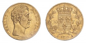 FRANCE. Charles X, 1824-30. 20 Francs, 1825 A, Paris, 6.45 g. Fr-549; Gad-1029; KM-726. 
Bare head of Charles X facing right, legend reads CHARLES X R...