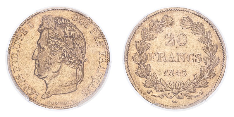 FRANCE. Louis-Philippe, 1830-48. 20 Francs, 1845 W, Lille, Rare date. 6.45 g. Fr...