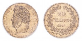 FRANCE. Louis-Philippe, 1830-48. 20 Francs, 1845 W, Lille, Rare date. 6.45 g. Fr-560; Gad-1031; KM-750. 
Laureate head of Louis Philippe facing left, ...
