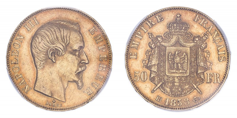 FRANCE. Napoleon III, 1852-70. 50 Francs, 1858 BB, Strasbourg, 16.13 g. Fr-571; ...