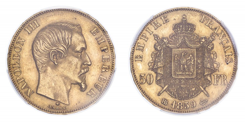 FRANCE. Napoleon III, 1852-70. 50 Francs, 1859 BB, Strasbourg, 16.13 g. Fr-571; ...