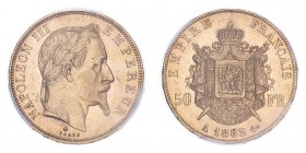 FRANCE. Napoleon III, 1852-70. 50 Francs, 1862 A, Paris, 16.13 g. Fr-582; Gad-1112; F-548; KM-804. 
Laureate head of Napoleon III facing right, NAPOLE...