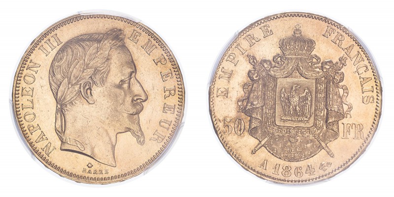 FRANCE. Napoleon III, 1852-70. 50 Francs, 1864 A, Paris, 16.13 g. Fr-582; Gad-11...