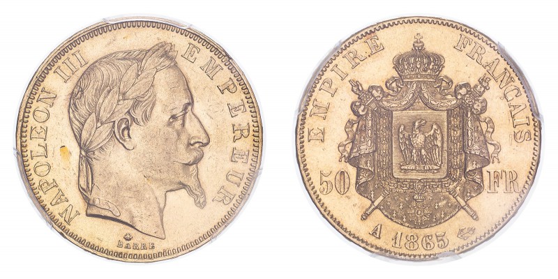 FRANCE. Napoleon III, 1852-70. 50 Francs, 1865 A, Paris, 16.13 g. Fr-582; Gad-11...