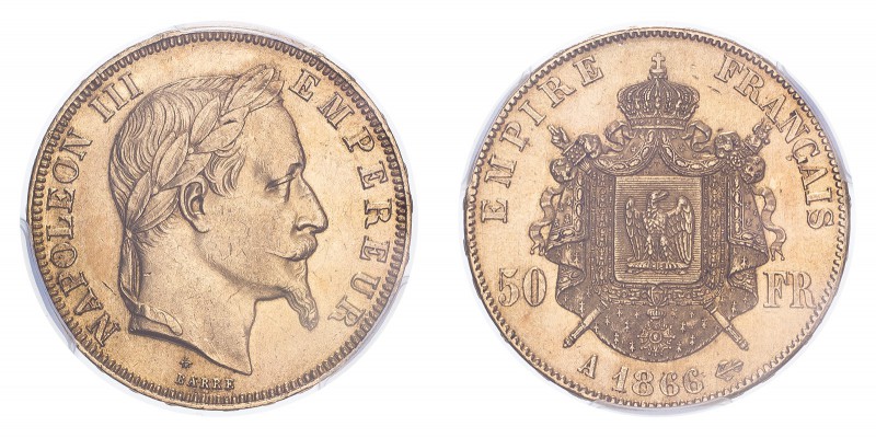 FRANCE. Napoleon III, 1852-70. 50 Francs, 1866 A, Paris, 16.13 g. Fr-582; Gad-11...