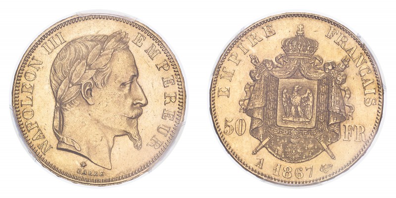 FRANCE. Napoleon III, 1852-70. 50 Francs, 1867 A, Paris, 16.13 g. Fr-582; Gad-11...