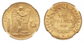 FRANCE. Third Republic, 1870-1940. 100 Francs, 1886 A, Paris, Genius. 32.26 g. Fr-590; Gad-1137; KM-832. 
Standing Genius writing the Constitution fac...