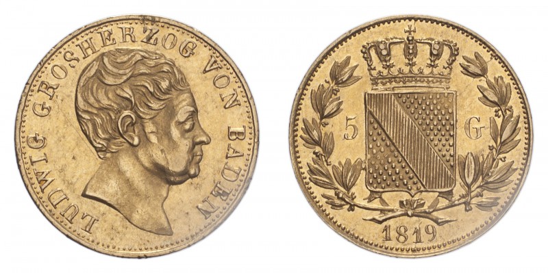 GERMANY: BADEN. Ludwig I, 1818-30. 5 Gulden, 1819, Mannheim, 3.39 g. Fb. 150; Sc...