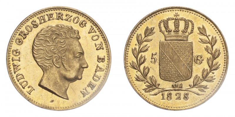 GERMANY: BADEN. Ludwig I, 1818-30. 5 Gulden, 1828, Mannheim, 3.44 g. Fb. 150; Sc...