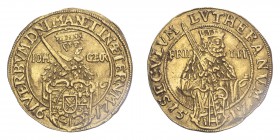 GERMANY: SAXONY. Johann Georg I, 1611-56. Ducat, 1617, Dresden, Centenary of the Reformation. 3.43 g. Fr-2663; Whiting 70; KM-109. 
This ducat is stru...