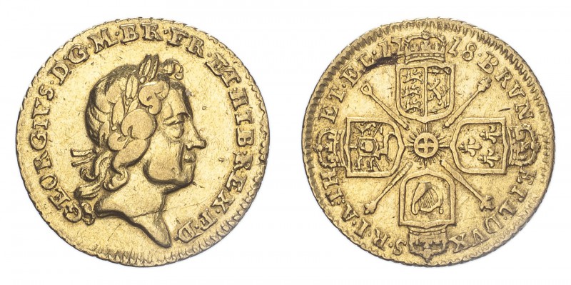 GREAT BRITAIN. George I, 1714-27. 1/4 Guinea, 1718, London, 2.10 g. S-3638; KM-5...