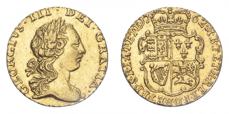 GREAT BRITAIN. George III, 1760-1820. 1/4 Guinea, 1762, London, 2.00 g. S-3741; ...