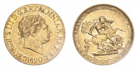 GREAT BRITAIN. George III, 1760-1820. Sovereign, 1820, London, Open 2. 7.99 g. S-3785; KM-674. 
Laureate head right. Legend reads GEORGIUS III D:G: BR...