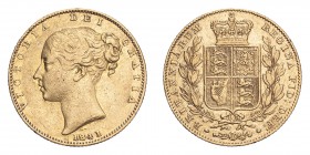 GREAT BRITAIN. Victoria, 1837-1901. Sovereign, 1841, Shield. Very rare. 7.99 g. S-3852; Marsh-24; KM-736.1. 
First young head of Victoria facing left,...