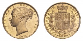 GREAT BRITAIN. Victoria, 1837-1901. Sovereign, 1871, London, Shield. Die number 34. 7.99 g. S-3853; Marsh-55; KM-736.2. 
Second young head of Victoria...