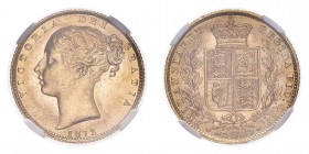 GREAT BRITAIN. Victoria, 1837-1901. Sovereign, 1872, Shield - die number 100. 7.99 g. S-3853; Marsh-56; KM-736.2. 
Second young head of Victoria facin...