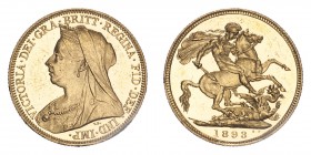 GREAT BRITAIN. Victoria, 1837-1901. Sovereign, 1893, London, Proof. 7.99 g. S-3874; Marsh-145A; KM-785. 
Older crowned and veiled bust facing left, su...