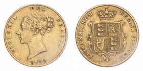 GREAT BRITAIN. Victoria, 1837-1901. Half-Sovereign, 1853, London, 3.99 g. S-3859; KM-735.1. 
First small young head of Victoria facing left, surrounde...