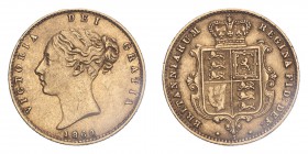GREAT BRITAIN. Victoria, 1837-1901. Half-Sovereign, 1869, London, Die number 5. 3.99 g. S-3860; KM-735.2. 
Second young head of Victoria facing left, ...