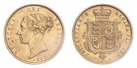 GREAT BRITAIN. Victoria, 1837-1901. Half-Sovereign, 1877, London, Die number 10.. 3.99 g. S-3860D; KM-735.2. 
Fourth young head of Victoria with narro...