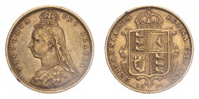 GREAT BRITAIN. Victoria, 1837-1901. Half-Sovereign, 1891, London, 3.99 g. S-3869; KM-766. 
Crowned and veiled Jubilee bust facing left, VICTORIA DEI G...