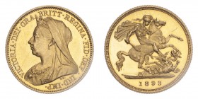 GREAT BRITAIN. Victoria, 1837-1901. Half-Sovereign, 1893, London, Proof. 3.99 g. S-3878; KM-784. 
Older crowned and veiled bust facing left, surrounde...