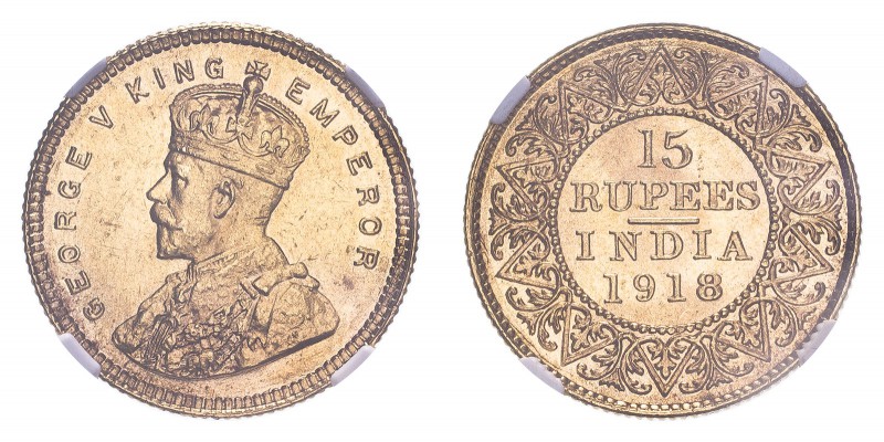 INDIA: BRITISH. George V. Gold 15 Rupees, 1918, Rare. 7.98 g. KM-525. 
In secure...