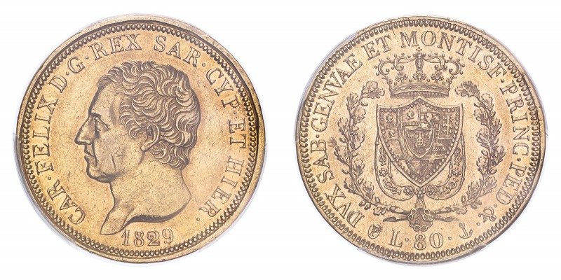 ITALY: SARDINIA. Carlo Felice, 1821-31. 80 Lire, 1829 P, Geneva, Anchor. 25.80 g...