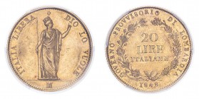 ITALY: LOMBARDY. Provisional Government. 20 Lire, 1848 M, Milan, 6.45 g. C-23, Fr-475. 
In secure plastic holder, graded by PCGS AU55, certification n...