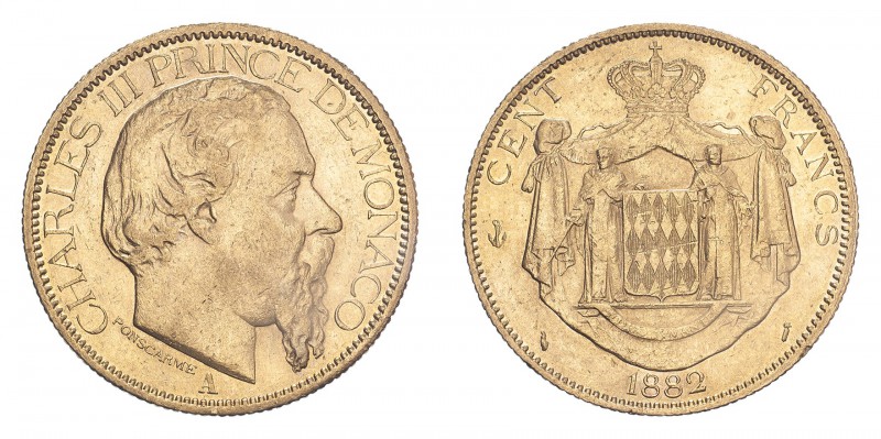 MONACO. Charles III, 1856-89. 100 Francs, 1882 A, 32.26 g. KM-99. 
About extreme...