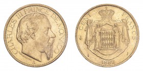 MONACO. Charles III, 1856-89. 100 Francs, 1882 A, 32.26 g. KM-99. 
About extremely fine.