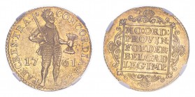 NETHERLANDS: UTRECHT. Ducat, 1761 TRA, Trade Coinage. 3.50 g. Fr-284; Delm-963; KM-7. 
Standing knight divides date within inner circle. Legend reads ...