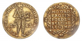NETHERLANDS: HOLLAND. Dutch Republic. Ducat, 1762, 3.49 g. Fr-250; Delm-775; KM-12. 
Knight standing right, holding sword and bundle of arrows, CONCOR...