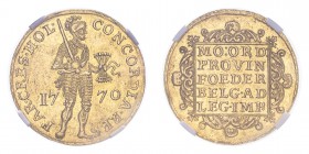 NETHERLANDS: HOLLAND. Ducat, 1770 HOL, 3.49 g. Fr-250; Delm-775; KM-12. 
Knight standing right, holding sword and bundle of arrows, CONCORDIA·RES PAR·...