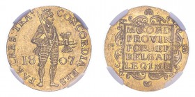 NETHERLANDS: KINGDOM OF HOLLAND. Louis Napoleon, 1806-10. Ducat, 1807, Trade Coinage. 3.43 g. Fr-325; KM-26. 
Knight standing right, holding sword and...