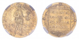NETHERLANDS. Willem I, 1815-40. Ducat, 1828, 3.50 g. KM-50. 
Knight standing right, holding sword and bundle of arrows, CONCORDIA RES PARVAE CRESCUNT....