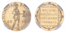 NETHERLANDS. Willem III, 1849-90. Ducat, 1849, 3.49 g. KM-83.1. 
Knight standing right, holding sword and bundle of arrows, CONCORDIA RES PARVAE CRESC...