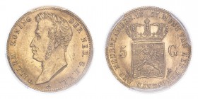 NETHERLANDS. Willem I, 1815-40. 5 Gulden, 1827 U, Utrecht, 3.36 g. KM-60; Sch-196; Fr-328. 
Second finest graded. In secure plastic holder, graded by ...
