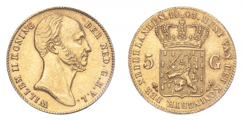 NETHERLANDS. Willem II, 1840-49. 5 Gulden, 1843, Utrecht, Very Rare. 3.36 g. KM-...